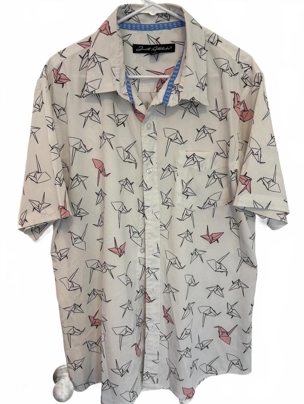 Just Attitude XL Men's White Origami Crane Print Short Sleeve Shirt Unique